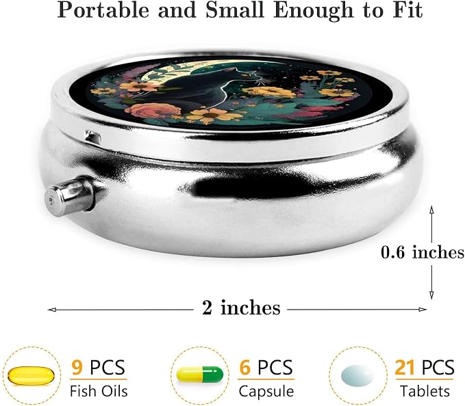 Pill Box, Small Pill Organizer with 3 Compartments and Mirror, Cute Round Portable Travel Metal Pill Case for Pocket or Purse, Privacy-Protecting Medicine Box-Dark Night Moon Flower Cat