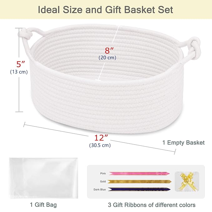 Small Empty Gift Basket with Bag & Ribbons, White | 12“x8”x5”, Cotton Rope Woven Basket for Birthdays, Baby Showers, Mother's Day, Christmas; Stores Small Items, Kids & Pet Toys