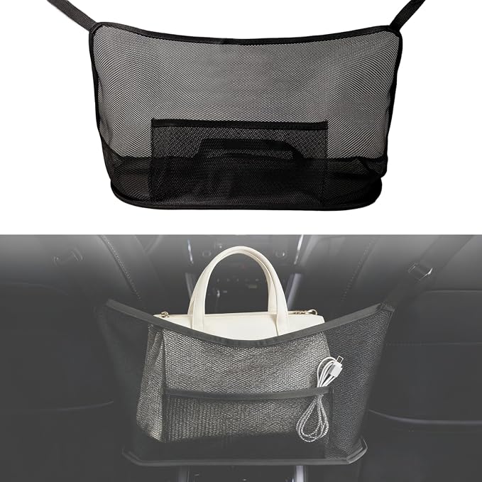 Purse Holder For Car Between Front Seat, Net Pocket Handbag Holder & Backseat Pet/Kid Barrier, Organizer Mesh Bag Storage For Phones/Snacks, Car Accessories For Women