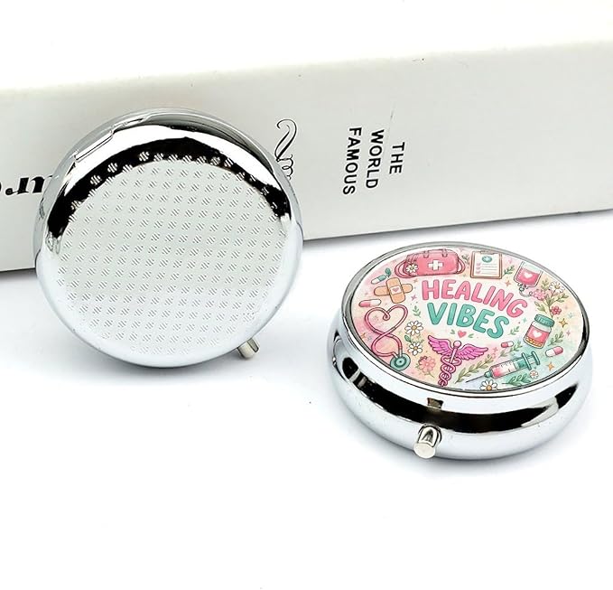 Healing Vibes with Pastel Blooms Round Pill Box with 3 Compartments, Portable Travel Pill Organizer with Spring Snap Closure for Vitamins Supplements Fish Oil