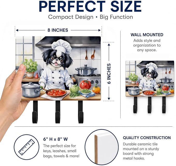 Caroline's Treasures Japanese Chin The Chef Leash or Key Holder Wall Hooks, Key Hooks Holder, Coat Rack Wall Mount, Coat Hooks, Hooks for Hanging Keys, Towels, Aprons, Leashes | Japanese Chin The Chef artwork on ceramic tile with three steel hooks for ...