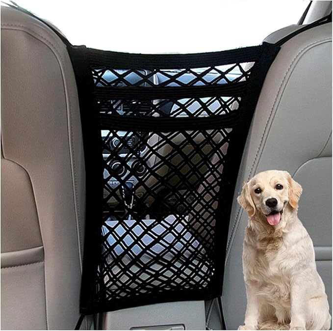 DYKESON Dog Car Net Barrier with Mesh Organizer, Pet Divider for Cars, SUVs | Upgraded Pet Barrier With Stretchable Storage Bag Pouch，Auto Backseat Net, Pet kids Safety Divider, Easy Install (3 Layer S)