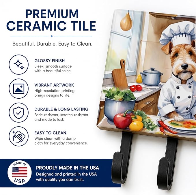 Caroline's Treasures Fox Terrier The Chef Leash or Key Holder Wall Hooks, Key Hooks Holder, Coat Rack Wall Mount, Coat Hooks, Hooks for Hanging Keys, Towels, Aprons, Leashes | Fox Terrier The Chef artwork on ceramic tile with three steel hooks for keys...