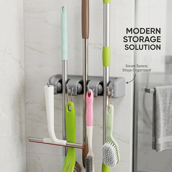 TOGU Mop and Broom Holder Wall Mounted 3 Position Storage Rack with 4 Retractable Hooks Holds up to 7 Tools Utility Weatherproof Holder for Garage Storage Systems Broom Organizer,Gray