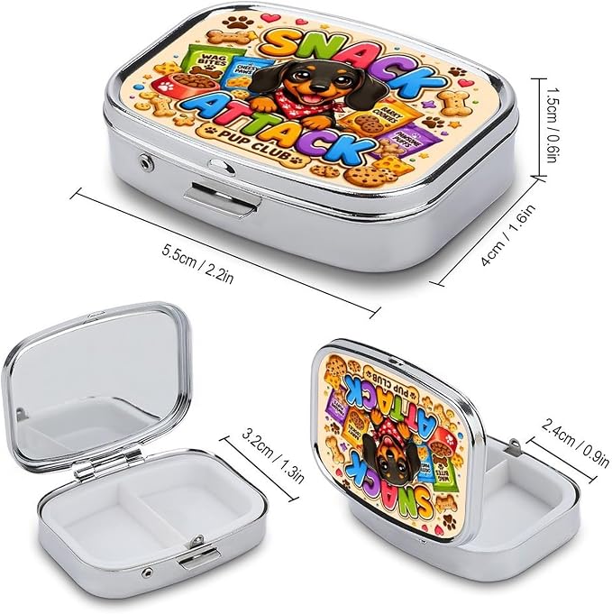Snack Pup Party Fun Two Compartment Pill Box Medicine Organizer, Portable Pill Case with Secure Snap Closure for Vitamins Medication Supplements Daily Use