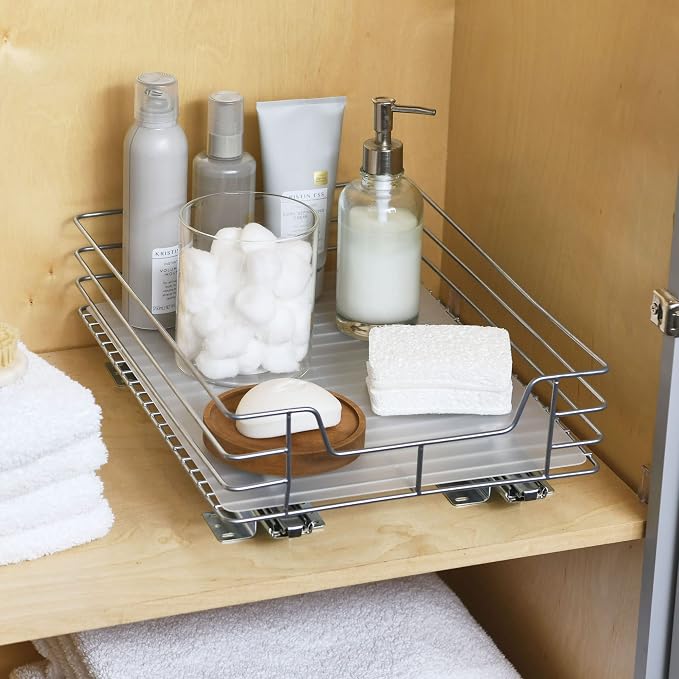 Household Essentials Brushed Steel Pull-Out Pantry Basket with Plastic Liner, Silver