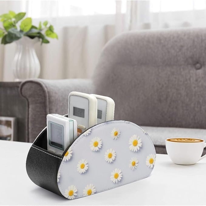 Pu Leather Remote Control Holder Box Daisy Flower Purple Desk Storage Caddy | with 5 Compartments, Daisy Flower Purple Office Supplies Table Decor for Media Player, Stationery, Makeup Brush