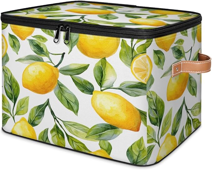 Pardick Storage Bin Fruit Lemon Storage Baskets with Zipper Lid & Handle Foldable Closet Shelf Cloth Organizer Basket Cube Bins Clothes Organizer for Nursery, Bedroom