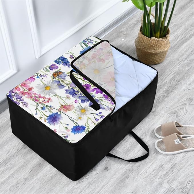 Comforter Storage Bags Large Folding Blanket Organizer Bag with Strong Handles Clear Window Closet Storage Containers for Clothes King Queen Pillows Bedding Quilt Duvet Pink Bluebonnets Daisy