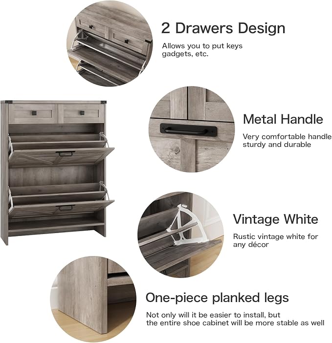 Halitaa Shoe Cabinet with 2 Flip Drawers & 2 Drawers,Farmhouse Shoe Storage Cabinet for Entryway,Slim Freestanding Narrow Organizer Rack for Front Door Entrance,Grey