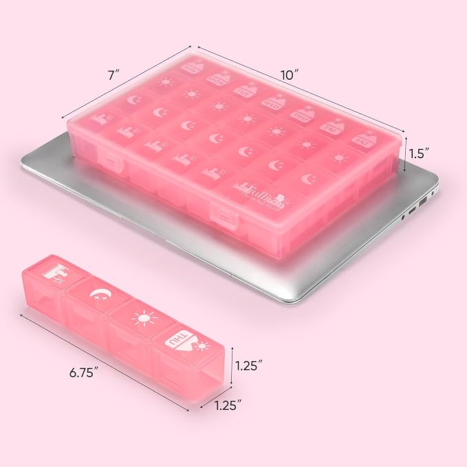 Fullicon Large Pill Organizer 4 Times a Day, 7 Day Pill Box, Pink | Each Compartment Holds 12 Fish Oils or 13 Vitamins, Clear Daily Icons, Durable Printing, Easy Open, Secure Snap Lids