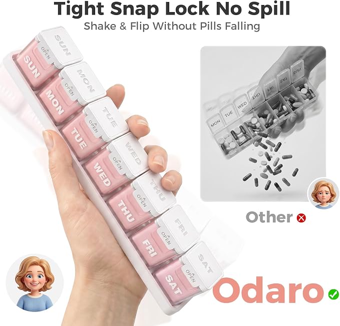 ODARO Extra Large Weekly Pill Organizer Once A Day - Pink | Large Capacity, Big Font, Wide Opening Easy For Seniors, Detachable Portable, Spill Proof, BPA Free
