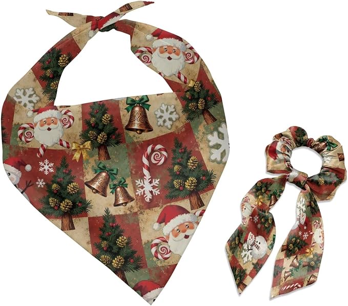 COEQINE Dog Mom Bandanas Tree Bell Santa Plaid Bandana for Pet with Hair Tie Storage Set 2 Pcs Pet and Owner Matching Outfits for Holiday Christmas Birthday Decor