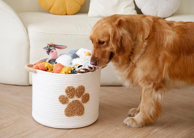 Cotton Rope Doy Toy Basket Woven Pet Storage Bin With Fluffy Paw Print, Large Pet Toy Organizer, White Chew Proof Dog Toy Box for Dog Accessories, Blankets, Leashes