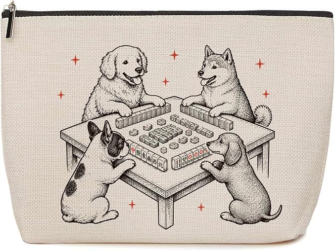 Dogs Playing Mahjong Makeup Bag Gift for Dog Lovers Funny Cosmetic Bag | Funny Durable Travel Organizer Pouch for Women, Outdoor Portable Toiletry Bag, Mah Jong player Present