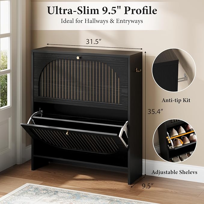 Shoe Cabinet Storage for Entryway, Narrow Shoe Rack 2 Flip Drawers with 3-Level Adjustable Shelves, 9.5" Slim Cabinet for Small Spaces, Midnight Black Wood Storage Cabinets Fits Size 12+