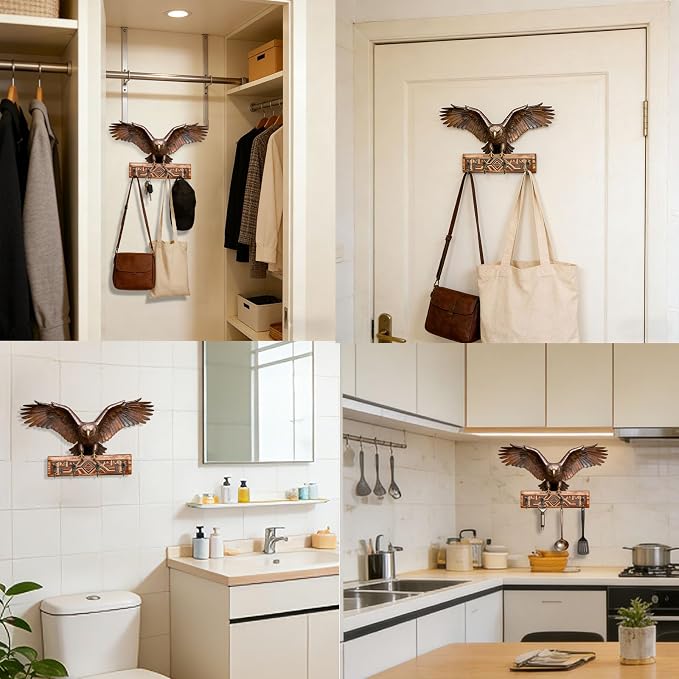 Goodangie00 Wooden Wall Art Decor with 4 Rustic Hooks, Eagle Treasure Chest Design Key Holder Wall Mount Hanger for Bag, Towel, Backpack, Clothes, Collars, Leashes, Bathroom, Kitchen
