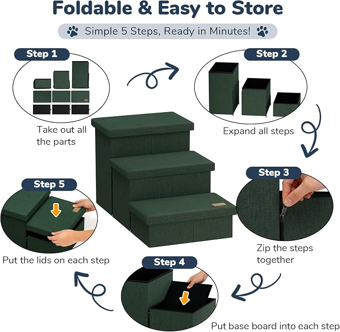 3-Step Wide Dog Stairs with Hidden Storage 18" H, Non-Slip Dog Steps for High Bed Couch Window Car, Jiont-Friendly Pet Stairs Ramp for Small/Medium/Large Old Dogs Cats Up to 200lbs, Dark Green