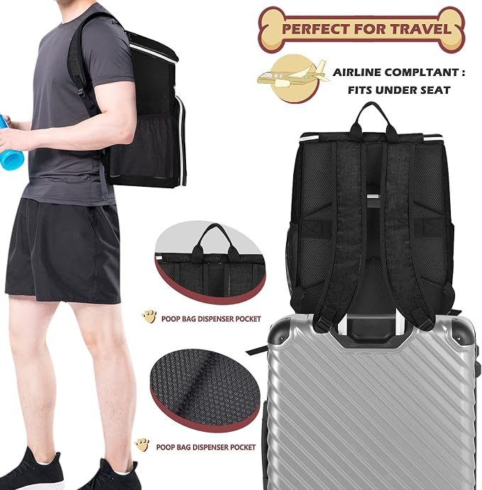 BAGLHER丨Dog Travel Bag Backpack, Airline Approved Pet Supplies Backpack, Dog Travel Bag with 2 Silicone Collapsible Bowls and 2 Food Baskets, Black