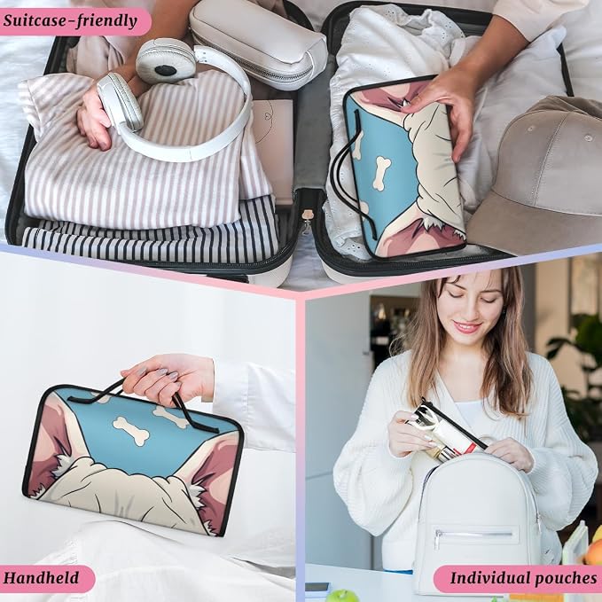 Dog Print Makeup Bag for Women Hanging Roll-Up Travel Organizer Toiletry Kit with 4 Removable Compartments, Animal