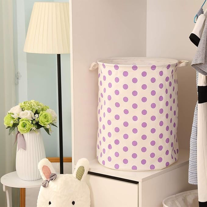 Sea Team Large Canvas Laundry Basket with Handles, Purple Dots, 2-Pack | Collapsible Fabric Laundry Hamper, Closet Shelf Organizers, Containers for Clothing, Blankets, Toys, Bedding, 19.7 x 15.7”