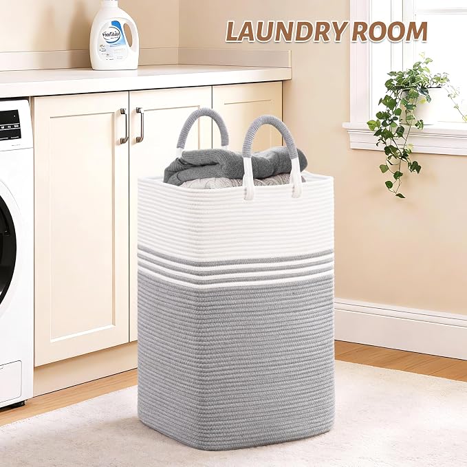 Laundry Basket Hamper,Blanket Storage,Dirty Clothes Hamper with Swivel Handles,Woven Cotton Rope Toy Baskets,Blanket Basket Living Room,Decorative Hampers for Nursery,Bedroom,White & Gray,80L