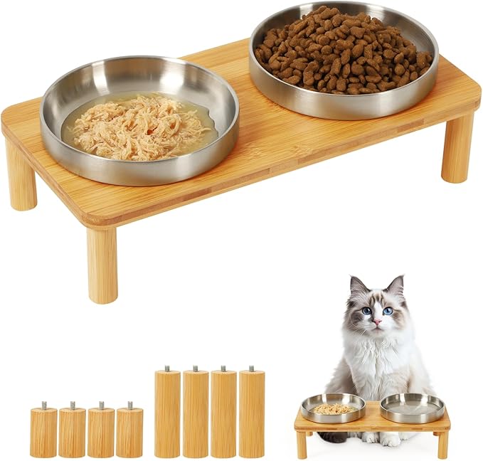 DoogCat Raised Cat Bowls, Bamboo Stand with 2 Stainless Steel Bowls | Adjustable Height, Whisker-Friendly Design, Food & Water Set, Stable Construction, Easy to Clean