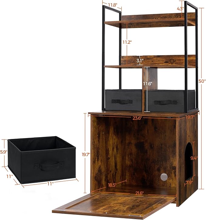 Dwanton Cat Litter Box Enclosure, 2 Storage Shelves and 2 Drawers, 50" H | 2-in-1 Hidden Cat Litter Box Enclosure Furniture with Shelf, Metal Frame, Reversible Entrance, Washable Drawers, Rustic Brown