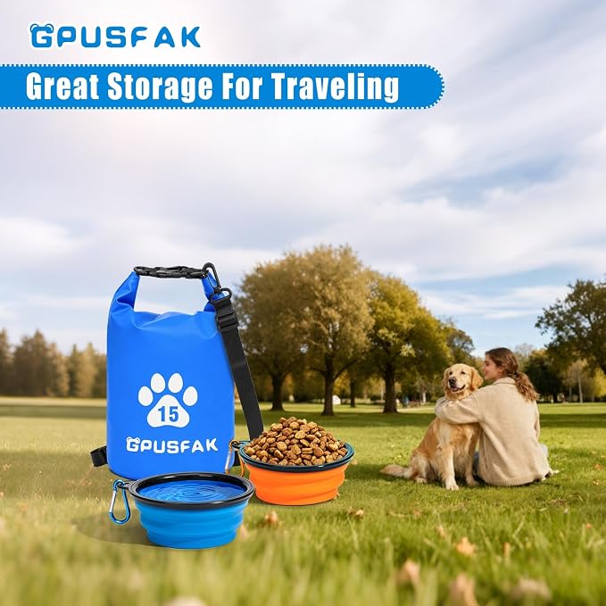 Pet Food Storage Bag with Bowl (96 Cup) - Zip Roll Top Dog Food Travel Bag Waterproof Kibble Container for Camping Road Trips Travel Dog Boarding Weekend Getaways Machine Washable 15L Blue