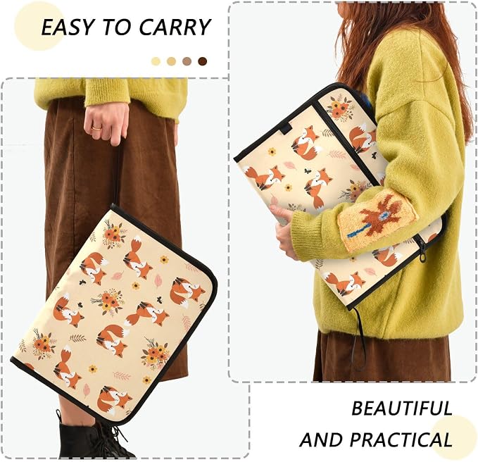 13 Pocket Zipper Expanding File Folder A4 Cartoon Fox Animal | Accordion File Organizer with Front Pouch A4 Letter Size Portable Folders for Documents Receipt School Office Supplies
