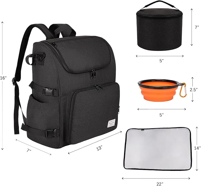 Modoker Multi-Compartment Dog Travel Backpack for Pet Supplies, Black | Dog Travel Accessories Organizer with 2 Food Bags, 2 Bowls, Quick-Access Pockets, Tissue Opening, Luggage Sleeve, Feeding Mat