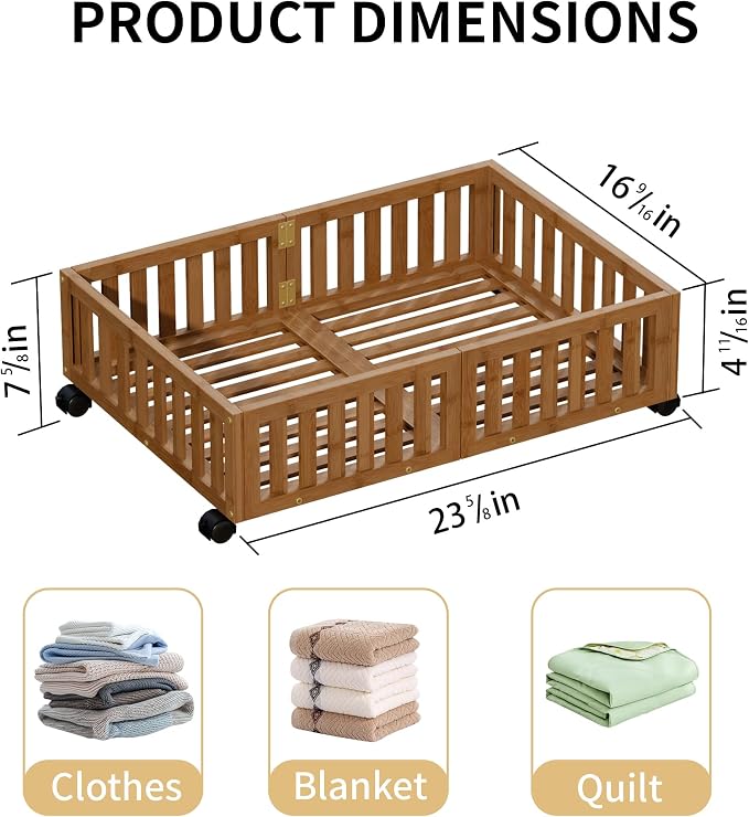Under Bed Storage with Wheels, 2 Pcs Bamboo Drawers for Clothes and Toy | 360° wheels glide smoothly. Sturdy bamboo frames hold clothes, shoes, bedding and toys. Easy pullout access keeps rooms tidy