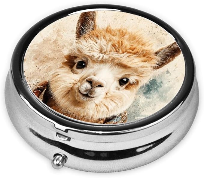 Cute Alpaca Animal Pet Fabric Portable Pill Organizer | 3 Compartment, With Mirror, For Men Women, For Daily Supplements, Vitamins, Fish Oil, Jewelry, Candy, Travel