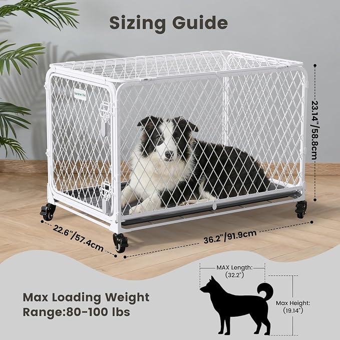 36 Inch Collapsible Dog Crate with Diamond Mesh, No-Tool Assembly Foldable Dog Kennel with 4 Lockable Wheels,Removable Tray,Portable Dog Cage for Medium/Large Dogs, Space-Saving, Indoor Outdoor Use