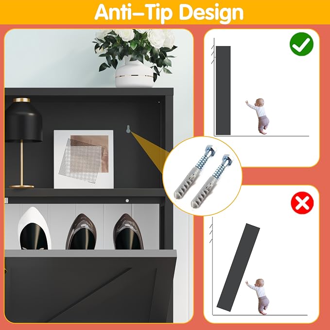 Shoe Cabinet with 2 Flip Drawers, Narrow Shoe Storage Cabinet, Farmhouse Shoe Organizer, Freestanding Organizer with Metal Legs for Entryway, Foyer (Black, 2 Door)