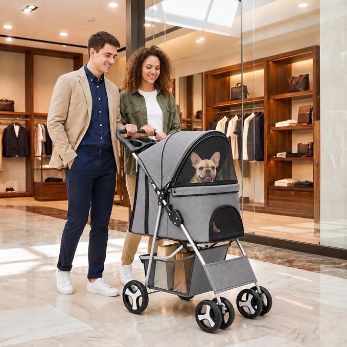 Pet Stroller 4 Wheels Dog Cat Stroller for Small Medium Dog Cats Carrier Jogger Travel Foldable Puppy with Storage Basket and Cup Holder (Grey)