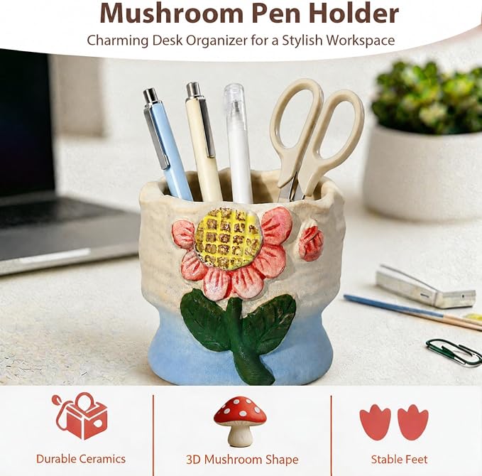 Ceramic Mushroom Shaped Pen Pencil Holder for Desk Decoration Accessories Mushroomb Decor Makeup Brush Pen Cups Office School Ideal Gifts for Women, Mom or Birthdays (pink)