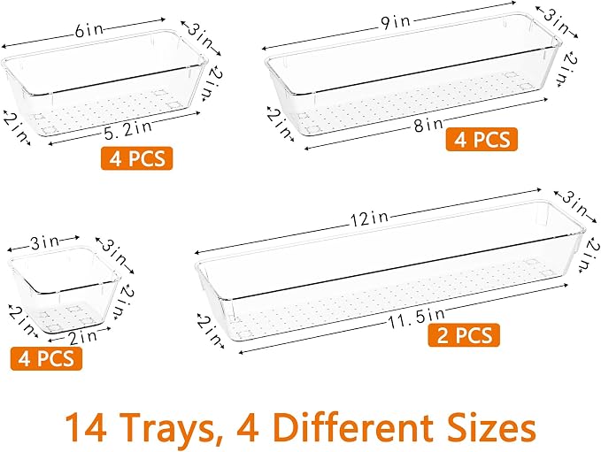 DCA 14 PCS Clear Drawer Organizer, Vanity Organizer Storage Trays | Makeup & Bathroom Organizer | Vanity Drawer Insert | 4 Sizes | Easy to Clean