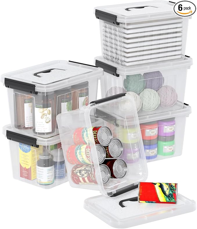 6 Quart Clear Plastic Storage Latching Boxes with Handle, 6 Packs | Small Organization Latch Tote Bin with Lids