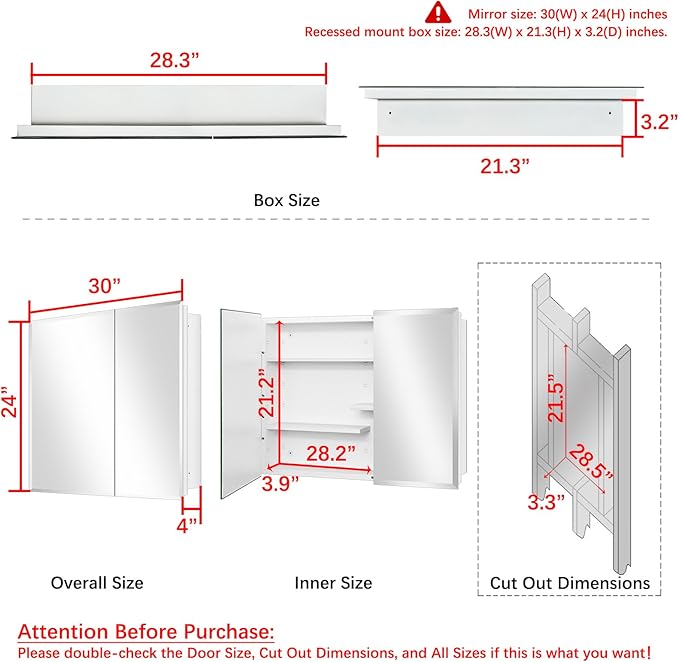 White Metal Double Door Medicine Cabinet 30 x 24 Beveled Mirror, Wall Mount | Double Door Metal Mirror Cabinet with Adjustable Staggered Shelves, Piano Hinge, Fully Assembled, Recessed / Surface Mounting