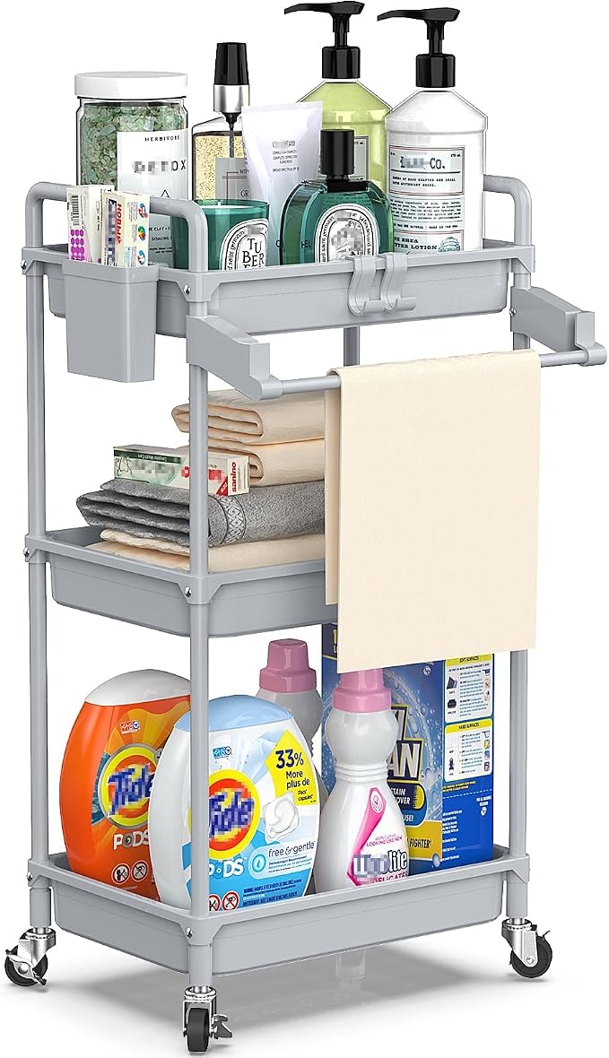 SPACEKEEPER Rolling Storage Cart, 3 Tier Utility Cart for Bathroom, Grey | Rolling Cart with Lockable Wheels, Towel Rack, Hooks & Cup for Laundry Room,Kitchen,Office, Snack,Craft,Art,Makeup,Nail,Toys