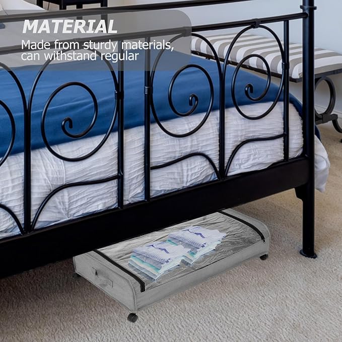 Bed Storage Cart with Wheels, Large Rolling Drawers for Clothes and Shoes, Gray Iron Frame Organizer with Fabric Cover Bottom, Underbed Storage Container for Bedroom and Pet