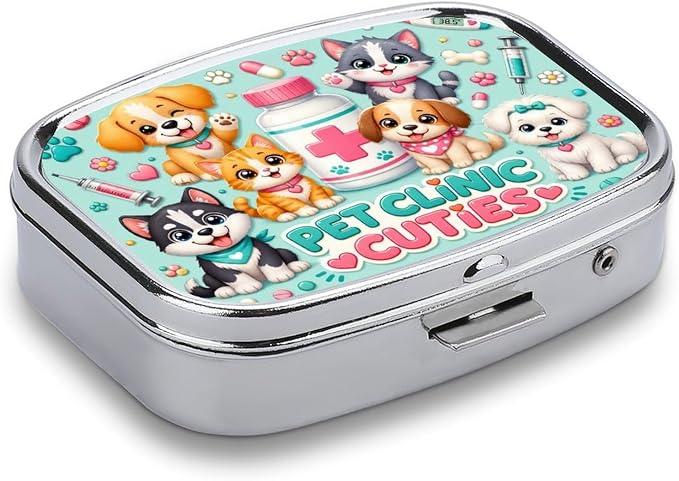 Cute Pet Clinic Playtime Party Two Compartment Pill Box Medicine Organizer, Portable Pill Case with Secure Snap Closure for Vitamins Medication Supplements Daily Use