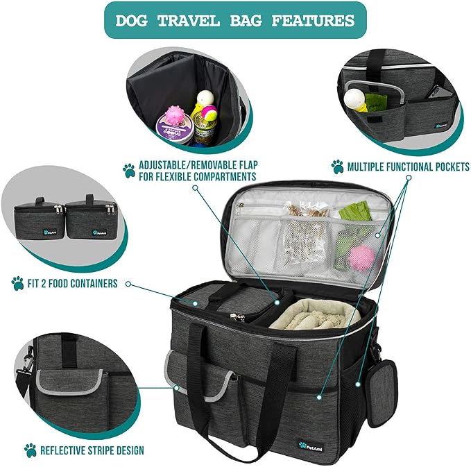 PetAmi Dog Travel Bag Organizer, Pet Supplies Diaper Tote, Dark Gray Medium | Pet Travel Kit with 2 Food Containers & 2 Collapsible Dog Bowls, Luggage Sleeve, Weekend Getaway Road Trip Camping Essentials