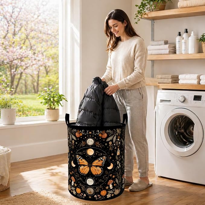 Mystic Butterfly Laundry Basket, Moon Floral Mushroom Oxford Cloth Dirty Clothes Collapsible Hamper for Room Decor, Boho Gifts, Toy Organizer 19.7 x 15.7 Inches for Bedroom Bathroom Dorm