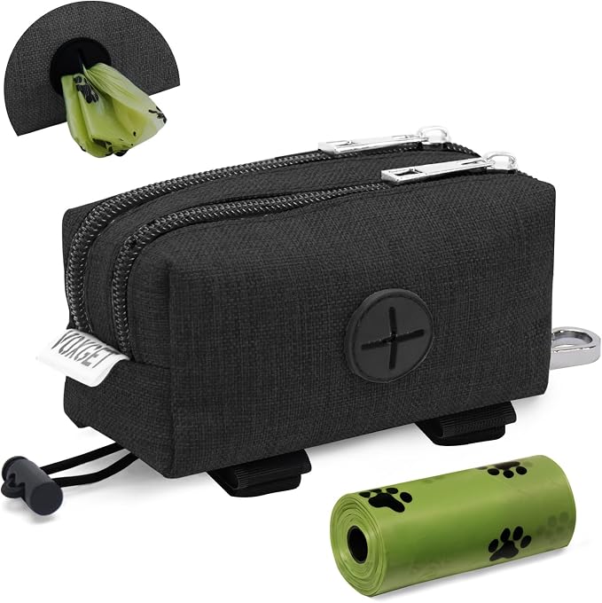 Dog Poop Bag Holder with Treat Pouch, 2 Zipper Pockets & Leash Clip | Waste Bag Dispenser with 1 Roll Poop Bags, Quick Access Treat Storage, Hands-Free Design for Dog Walking, Training & Travel