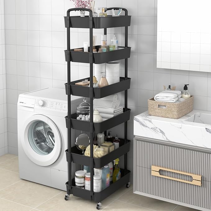 Sywhitta 6-Tier Plastic Rolling Utility Cart with Wheels for Storage,Black | Multi-Functional Storage Trolley, for Office, Living Room, Kitchen, Bathroom,Movable Organizer,Space-Saving,Easy to assemble