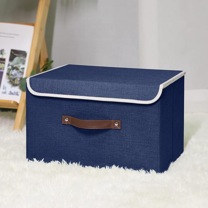 ANMINY Fabric Storage Box Bins with Lids, Blue, 15"x10"x10" | Keepsake Memory Storage, Cotton Linen, PP Board Reinforced, Washable, PU Handles, Foldable & Stackable, Decorative, Large