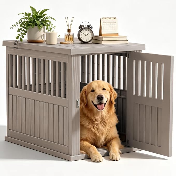 EFU 40 Inch Large Dog Crate Furniture, Indoor Dog Kennel, Puppy Pet House | Resin Pet House End Side Table, Waterproof Puppy Crates Cage for Large Medium Dogs to 70 lb, Grey