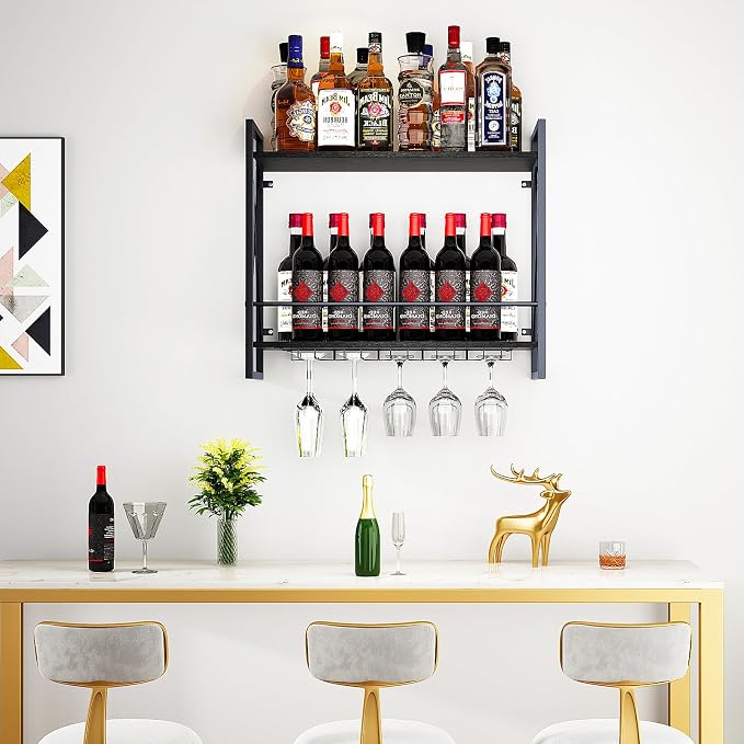 Dokser Wine Rack Wall Mounted 2 Tier Shelf Wine Bottle Holder for Kitchen | Black 2 Tier Wall Wine Rack with Rustic Wood & Industrial Iron Frame, Wine Bottle Holder for Dining Room, Home Bar Decor